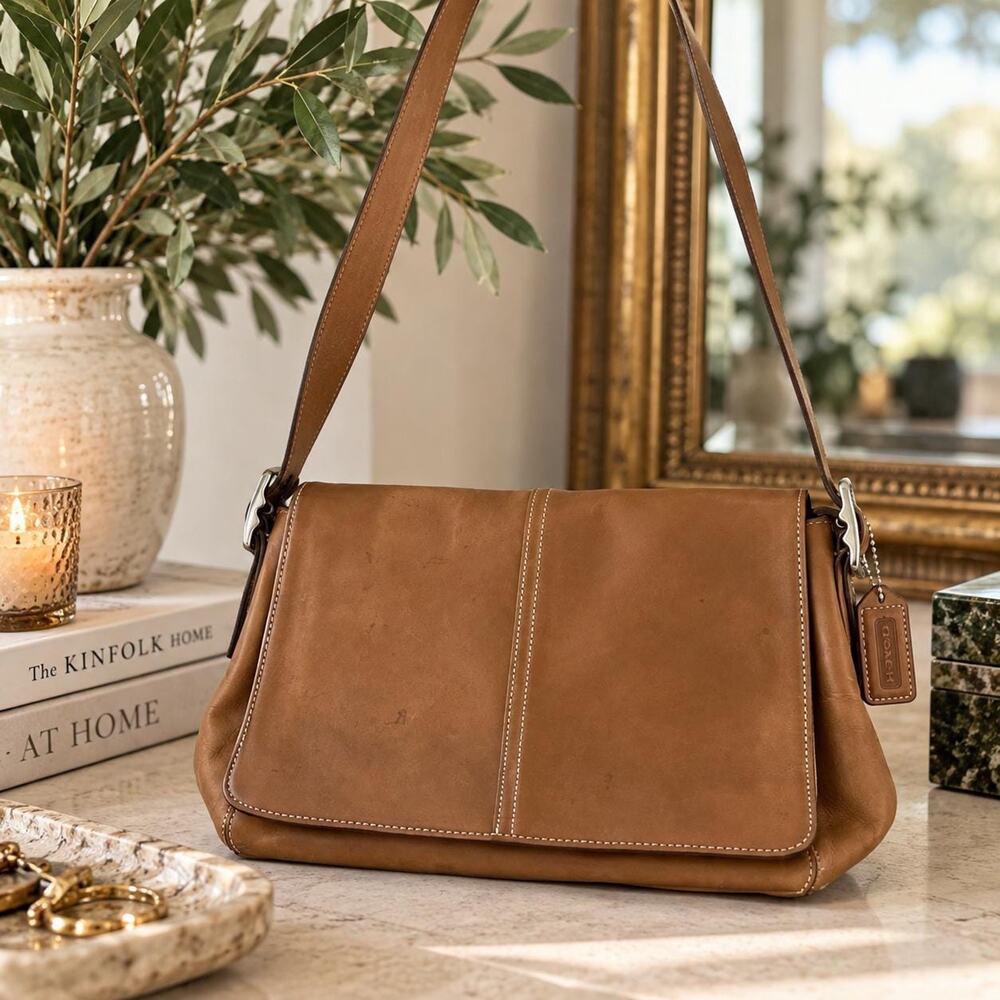 Vintage Coach Hamptons 9570 Leather Shoulder Bag, Camel Tan Brown Flap Purse